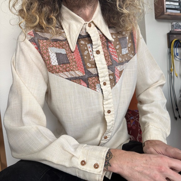 Vintage 60s 70s Quilted Button Down Shirt by Alfie ~ Size Large - Picture 6 of 9